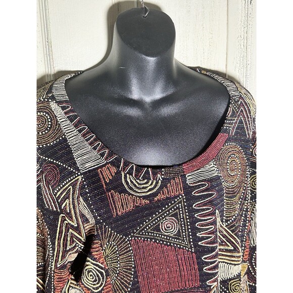 CHICO’S DESIGN Women’s Pullover Top  Black Rust Mustard Metallic Geo Size 3 - Picture 3 of 8
